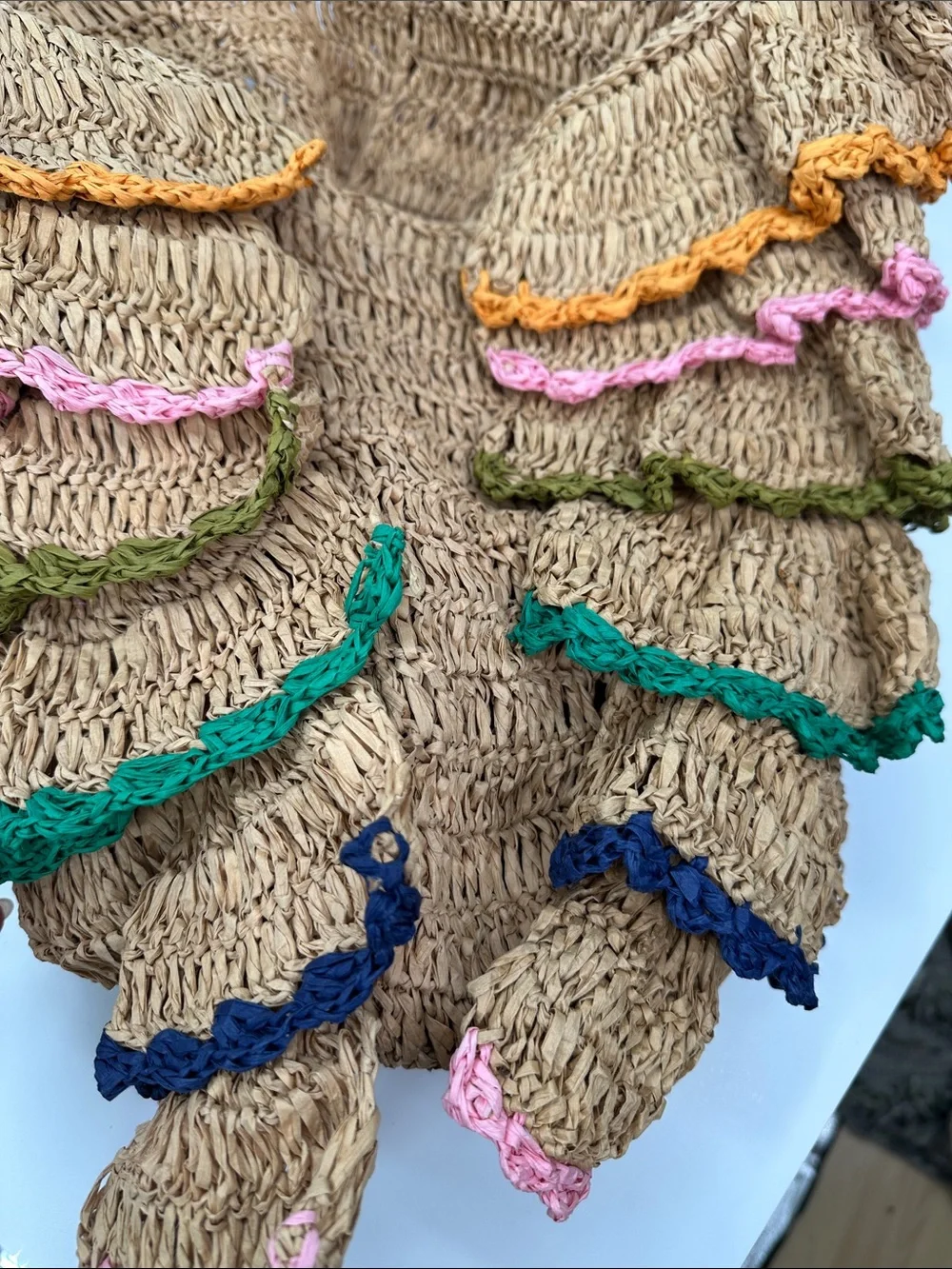 MAEVE by Anthropologie Ruffled Paper Raffia Tote Bag with Multicolor Trim